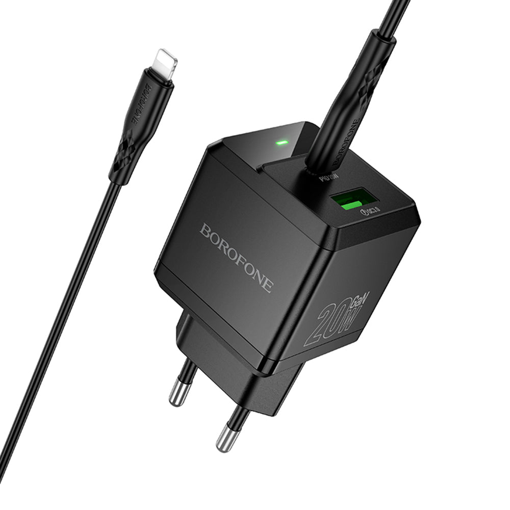 Borofone - Wall Charger Intenso (BN19) - Type-C to Lightning Cable Included, Dual Port, USB, Type-C, PD20W, QC3.0, 3A - Black