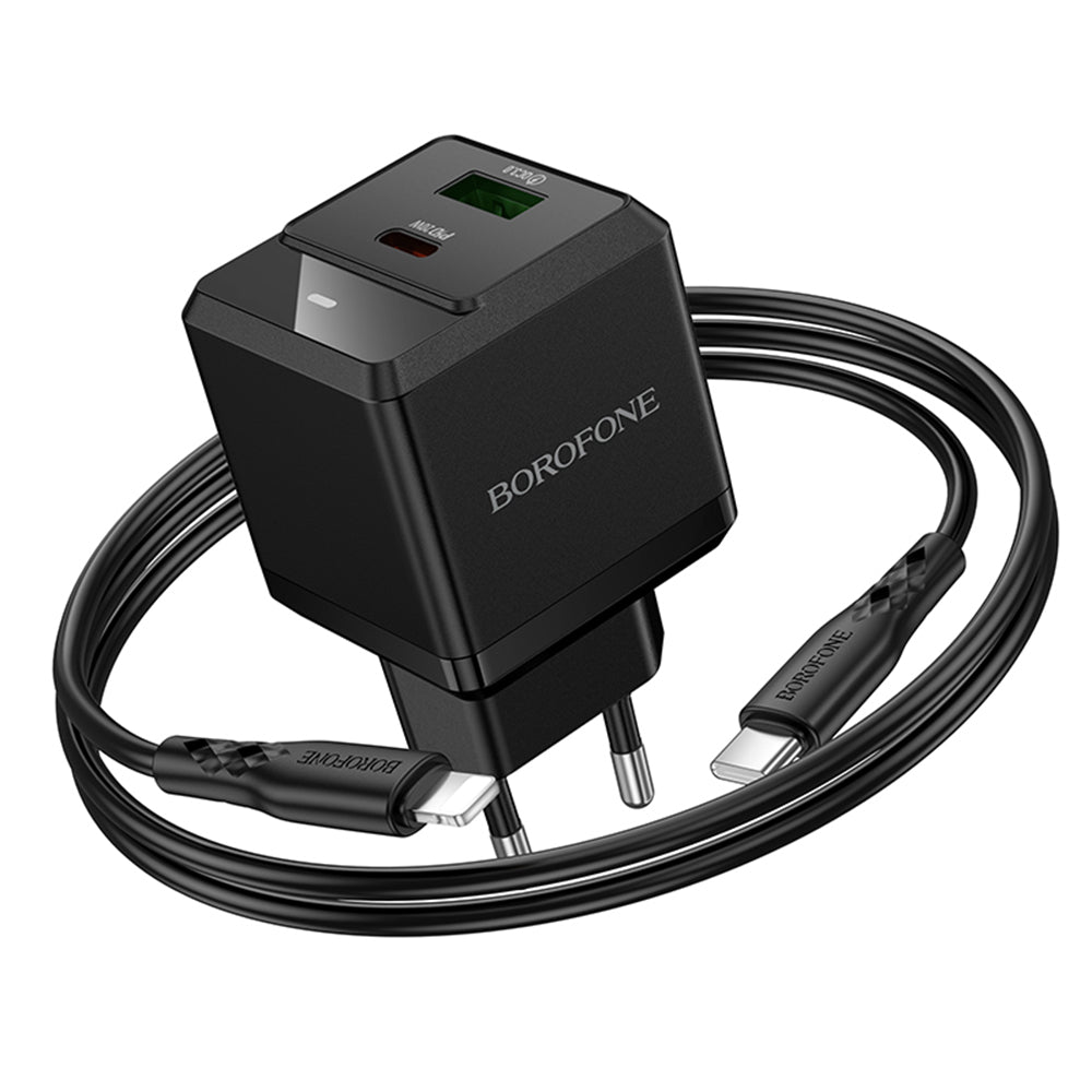 Borofone - Wall Charger Intenso (BN19) - Type-C to Lightning Cable Included, Dual Port, USB, Type-C, PD20W, QC3.0, 3A - Black