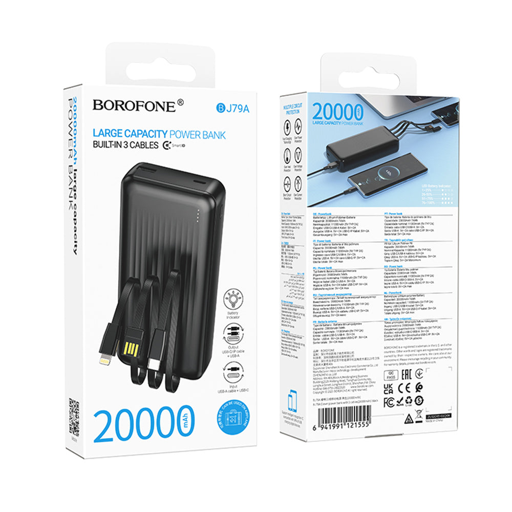 Borofone - Power Bank (BJ79A) - with USB-C, USB, Lightning Cables, USB, Type-C, LED Indicator, 20000mAh - Black