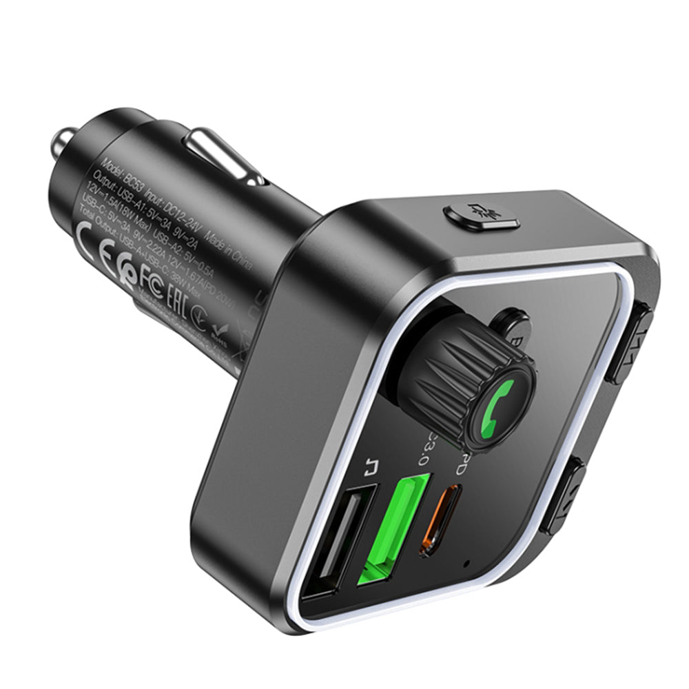 Borofone - FM Modulator and Car Charger Highway (BC53) - Bluetooth V5.0, 2x USB, Type-C, 38W, RGB Ambient Lights - Black