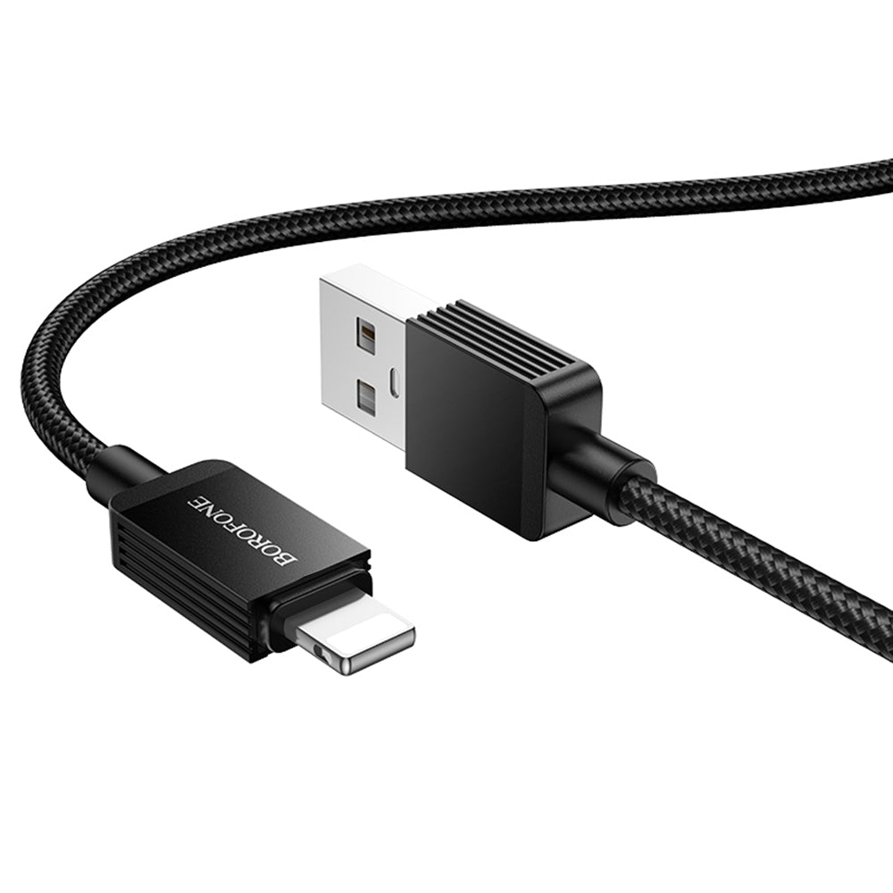 Borofone - Data Cable Placer Series (BX120) - USB to Lightning, Aluminum Alloy Shell, Nylon Braided Cable, 2.4A, 1m - Black