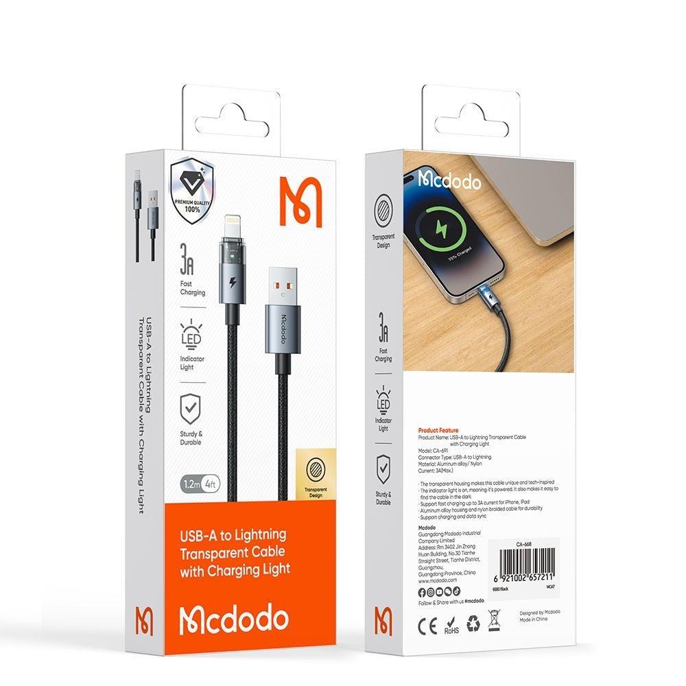 Mcdodo - Data Cable (CA-6941) - with Charging Light, USB-C to Lightning, Transparent Cable, 36W, 1.2m - Desert Gold