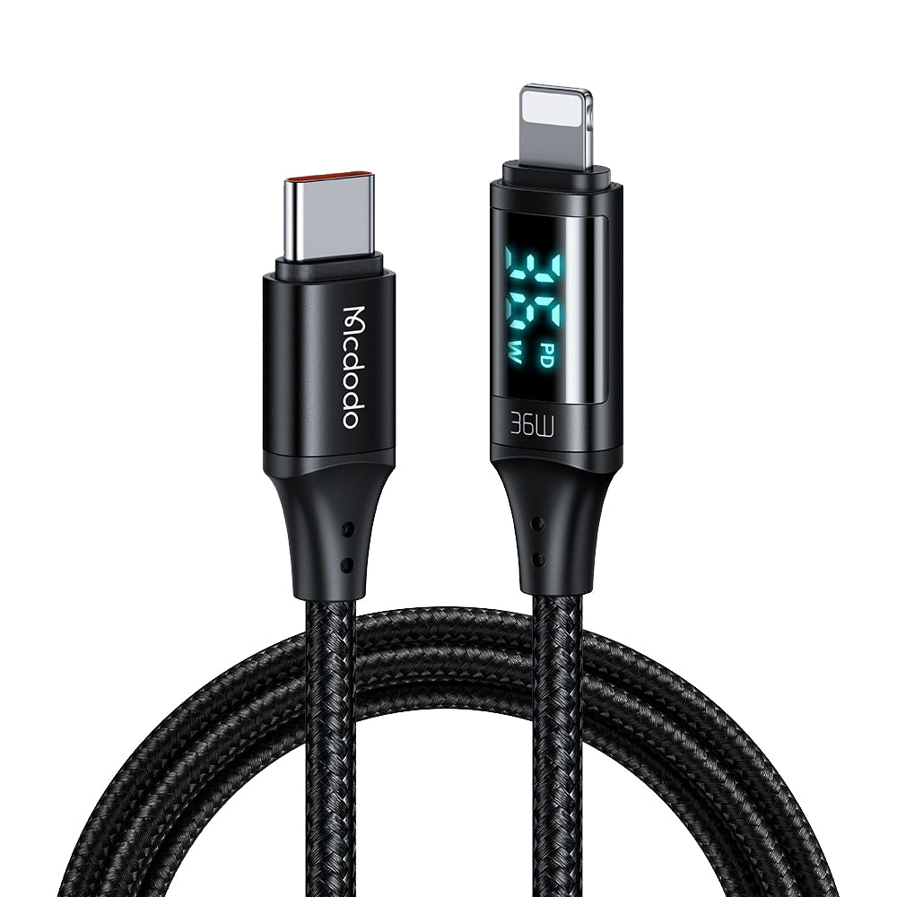 Mcdodo - Data Cable (CA-1030) - Type-C to Lightning, with Digital Display, Nylon Braided, Aluminum Alloy, 36W, 1.2m - Black