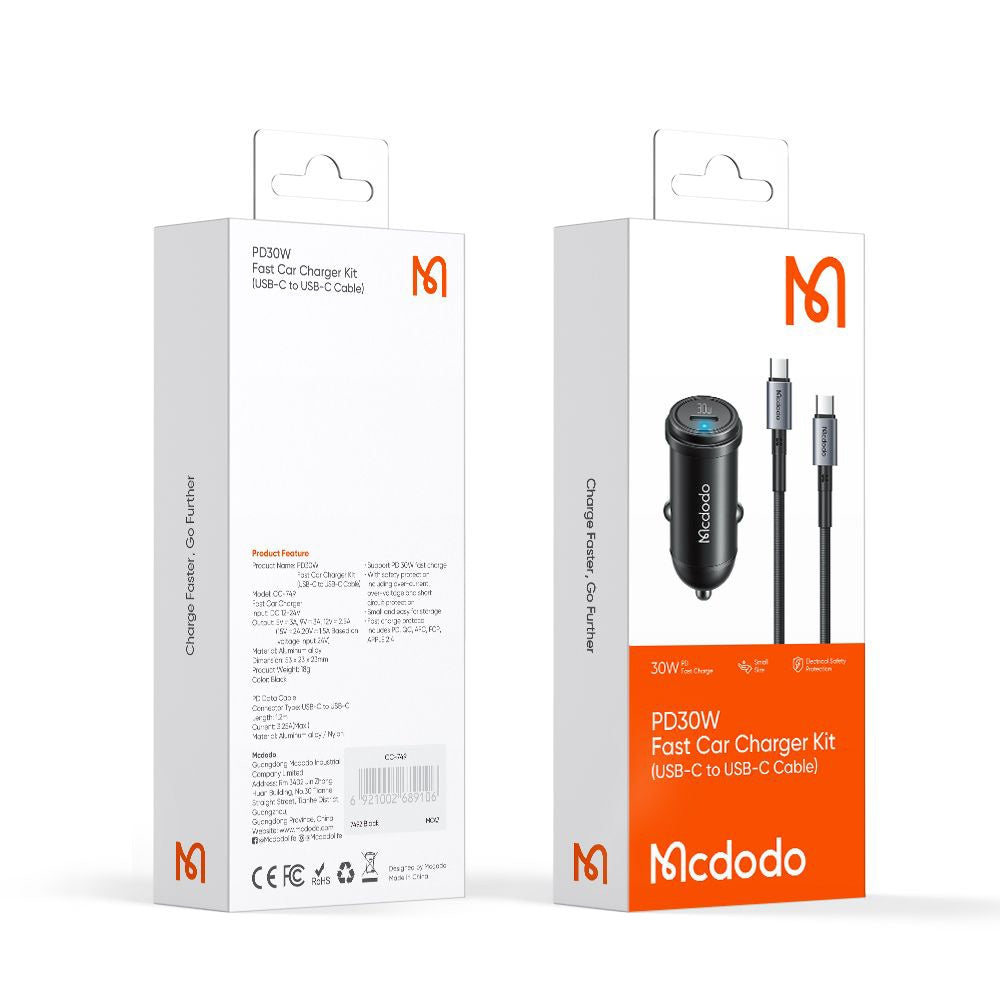 Mcdodo - Car Charger Obsidian Series (CC-7493) - Type-C Cable Included, PD30W, Smart IC, Mini Size, 1.2m - Black