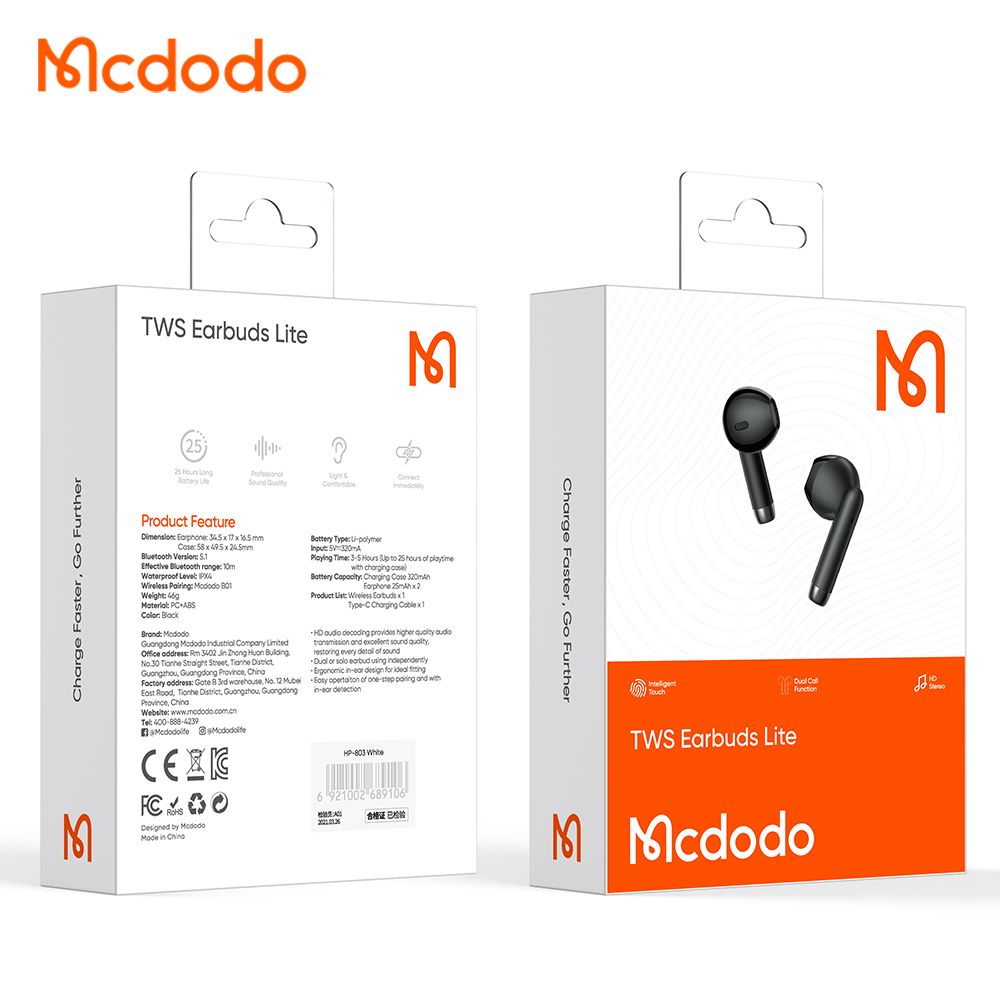 Mcdodo - Wireless Earbuds B01 Series (HP-8031) - Bluetooth V5.1, IPX4, True Wireless - Black