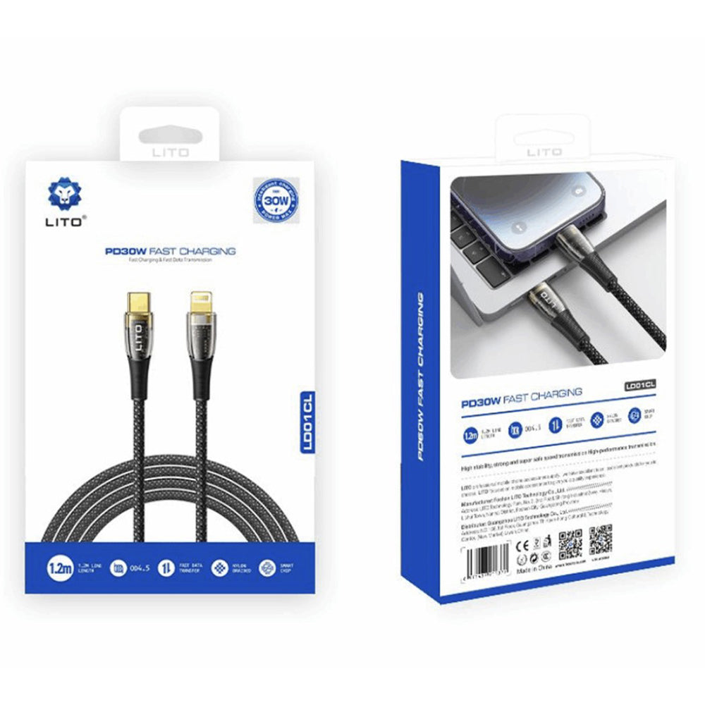 Lito - Data Cable Transparent (LD01) - Type-C to Lightning, Fast Charging 27W, Braided, Gold Plated Interface, 1.2m - Black
