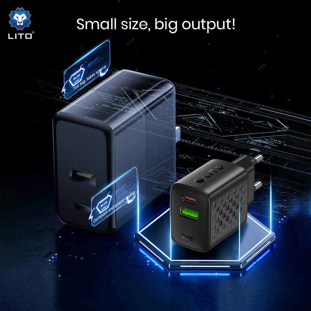 Lito - Wall Charger (LC24) - Type-C, USB Output, PD65W, GaN, PC Fireproof, EU Plug - Black