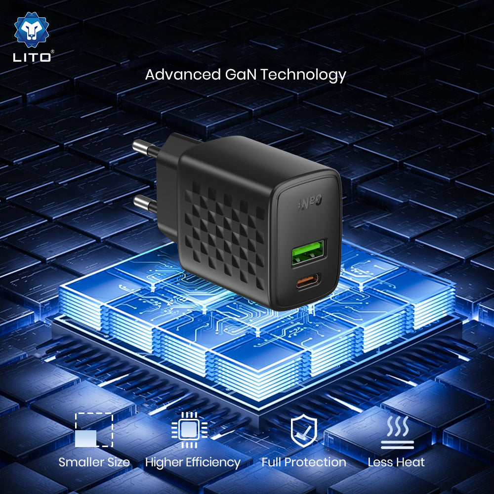 Lito - Wall Charger (LC24) - Type-C, USB Output, PD65W, GaN, PC Fireproof, EU Plug - Black