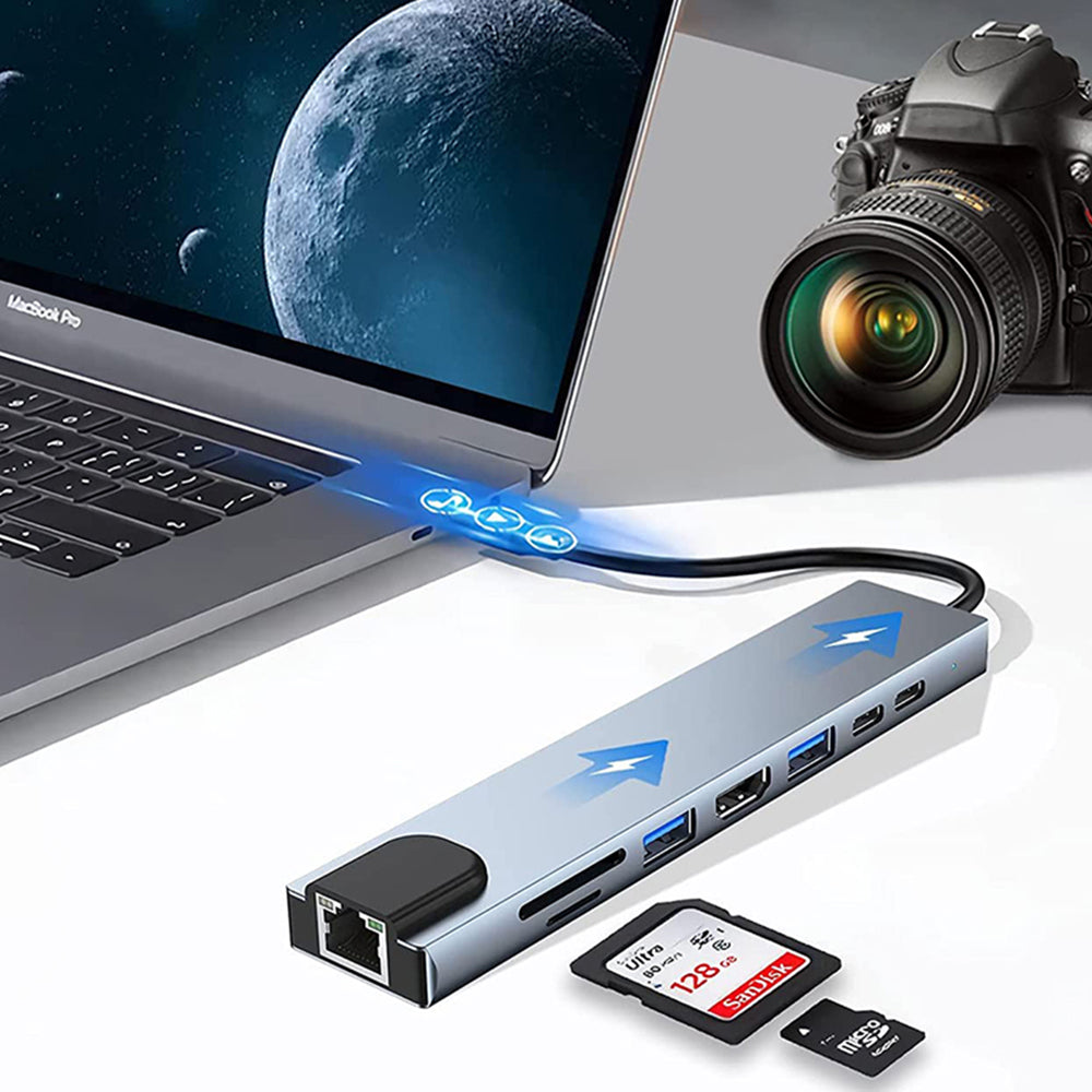 Techsuit - Docking Station NetBridge 8 in 1 (H2) - Type-C to 2x Type-C, 2x USB, HDMI, RJ45, TF/SD, 4K@30Hz, PD87W - Gray