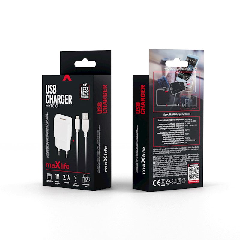 Maxlife MXTC-01 Φορτιστής Τοίχου USB 2.1A με Καλώδιο Lightning 1m – Λευκός