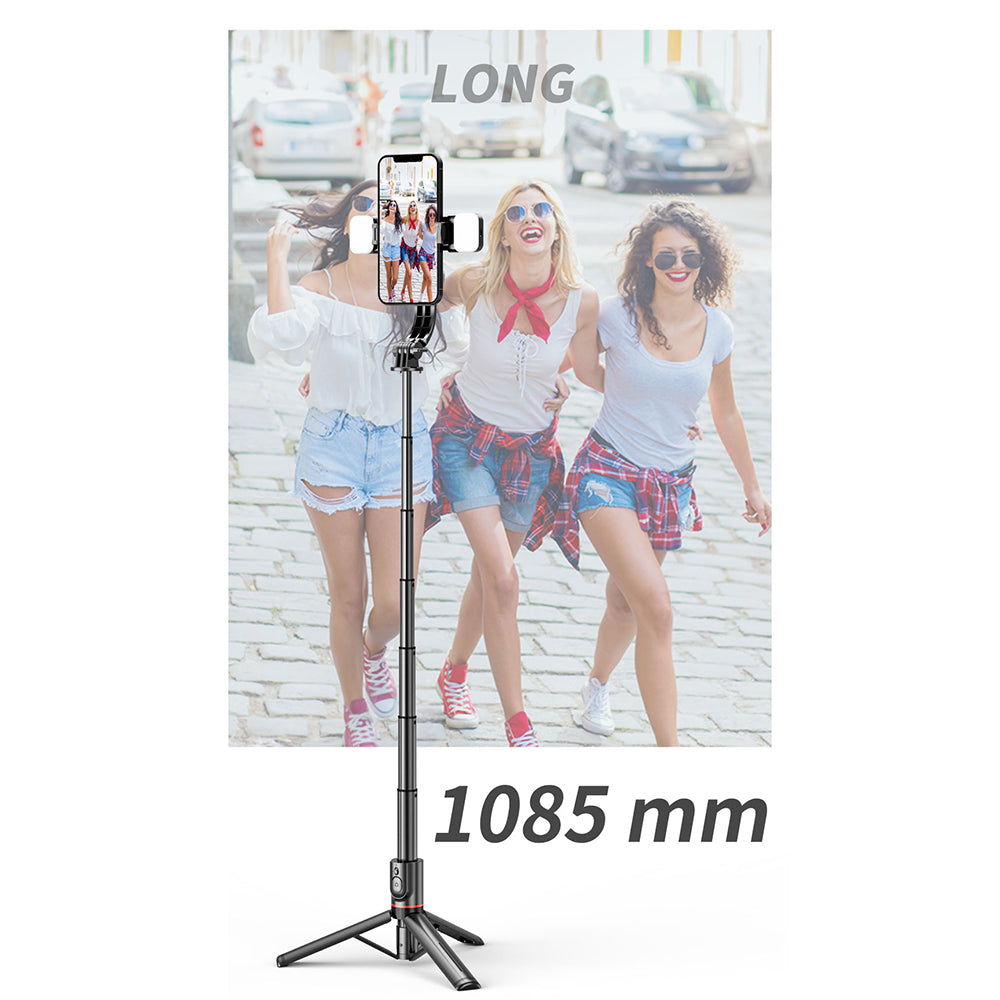Techsuit - Selfie Stick (L12D) - Stable Tripod with Bluetooth Remote Control, 2x Detachable LED Light, 108cm - Black