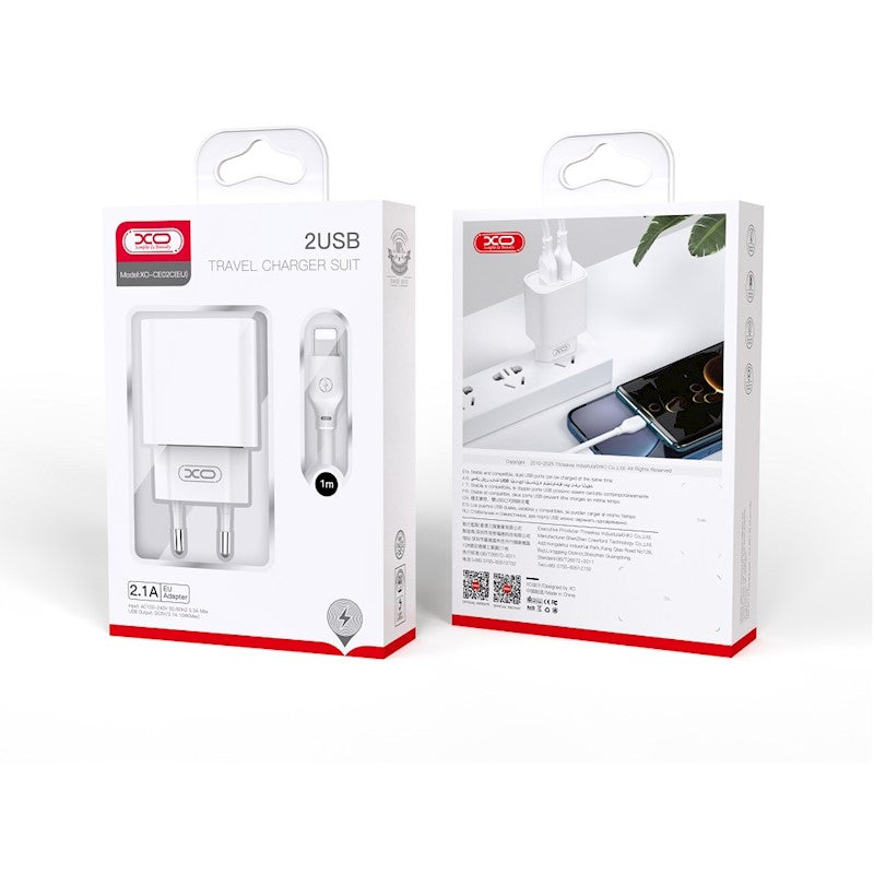 XO wall charger CE02C 2x USB 2,1A white – Φορτιστής Ταχείας Φόρτισης Τοίχου Ταξιδίου με καλώδιο USB-C