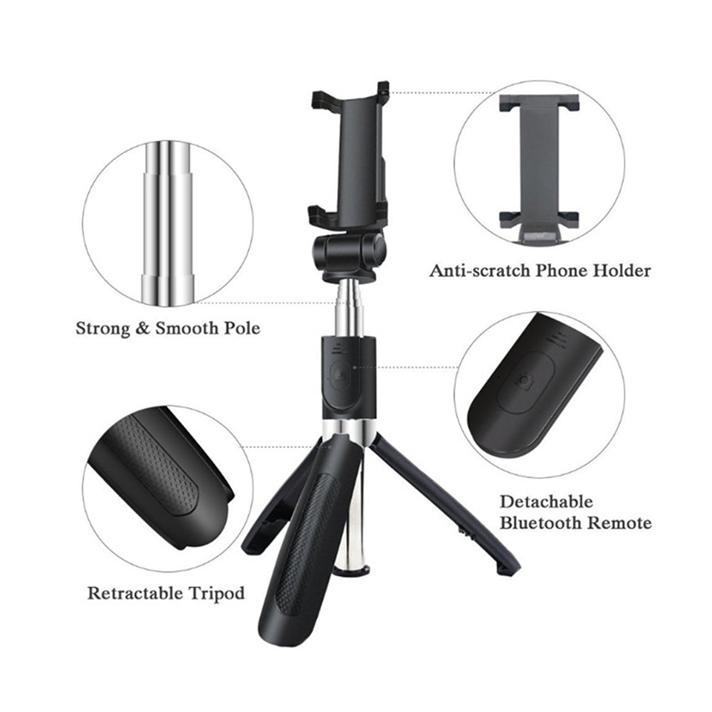 Techsuit - Selfie Stick (L01s) - Tripod Stable Mount with Extendable Arm, Bluetooth Remote Control, 70cm - Black