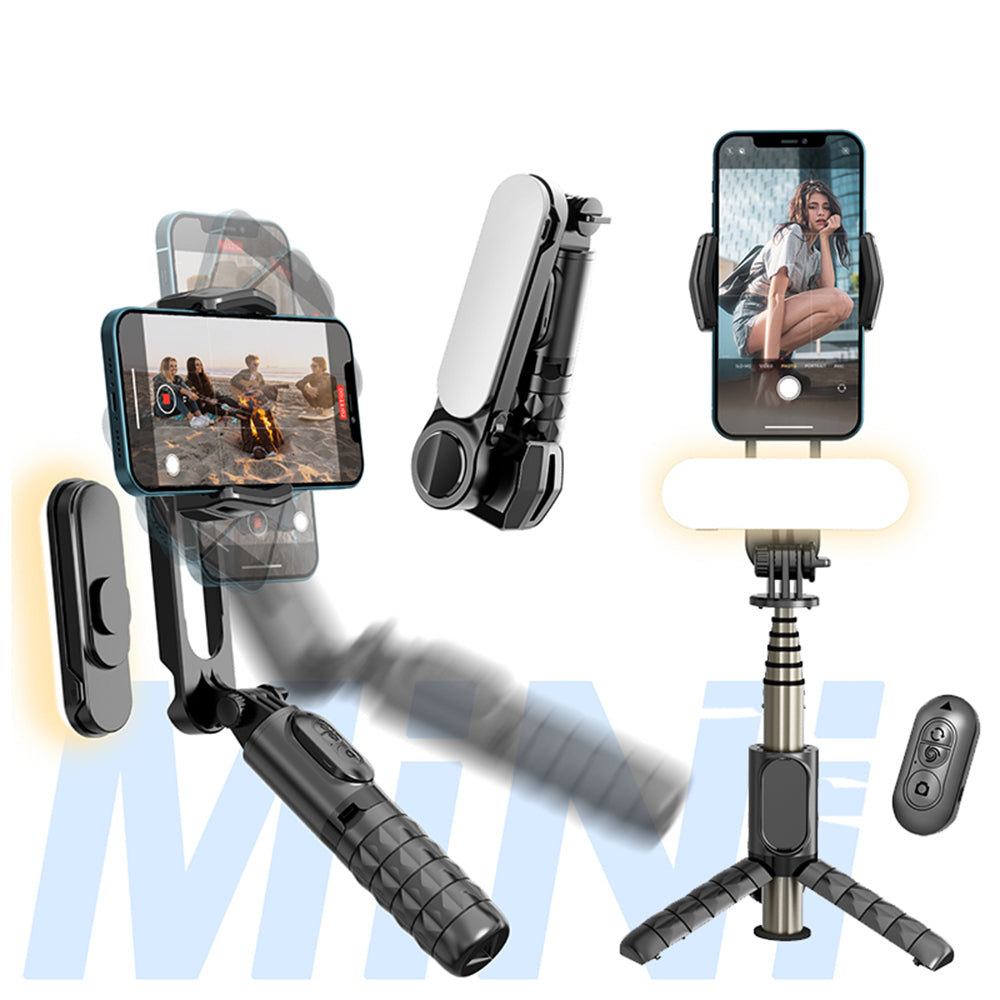Techsuit - Gimbal Mini Selfie Stick (Q09) - Stabilizer Tripod with LED Light and Bluetooth Remote Control, 70cm - Black