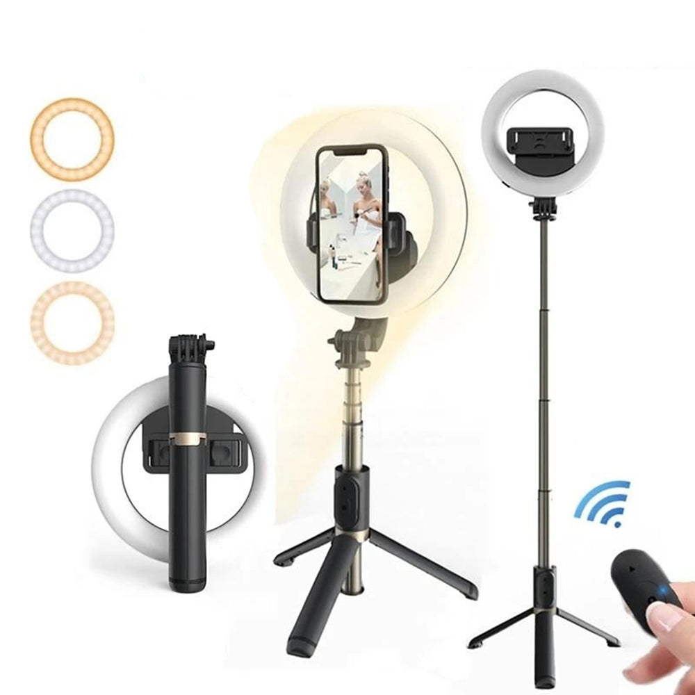 Techsuit - Selfie Stick (Q07) - Stable Tripod with Selfie Ring Light, Bluetooth Remote Control, 80cm - Black