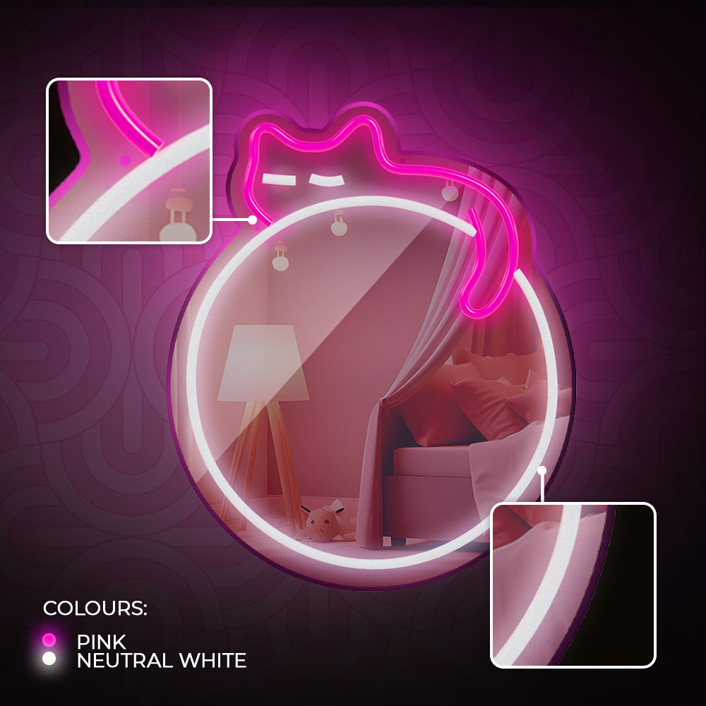 Forever Light Neon Mirror LED Sleeping Cat/White- Pink - Διακοσμητικός Καθρέπτης με LED Neon