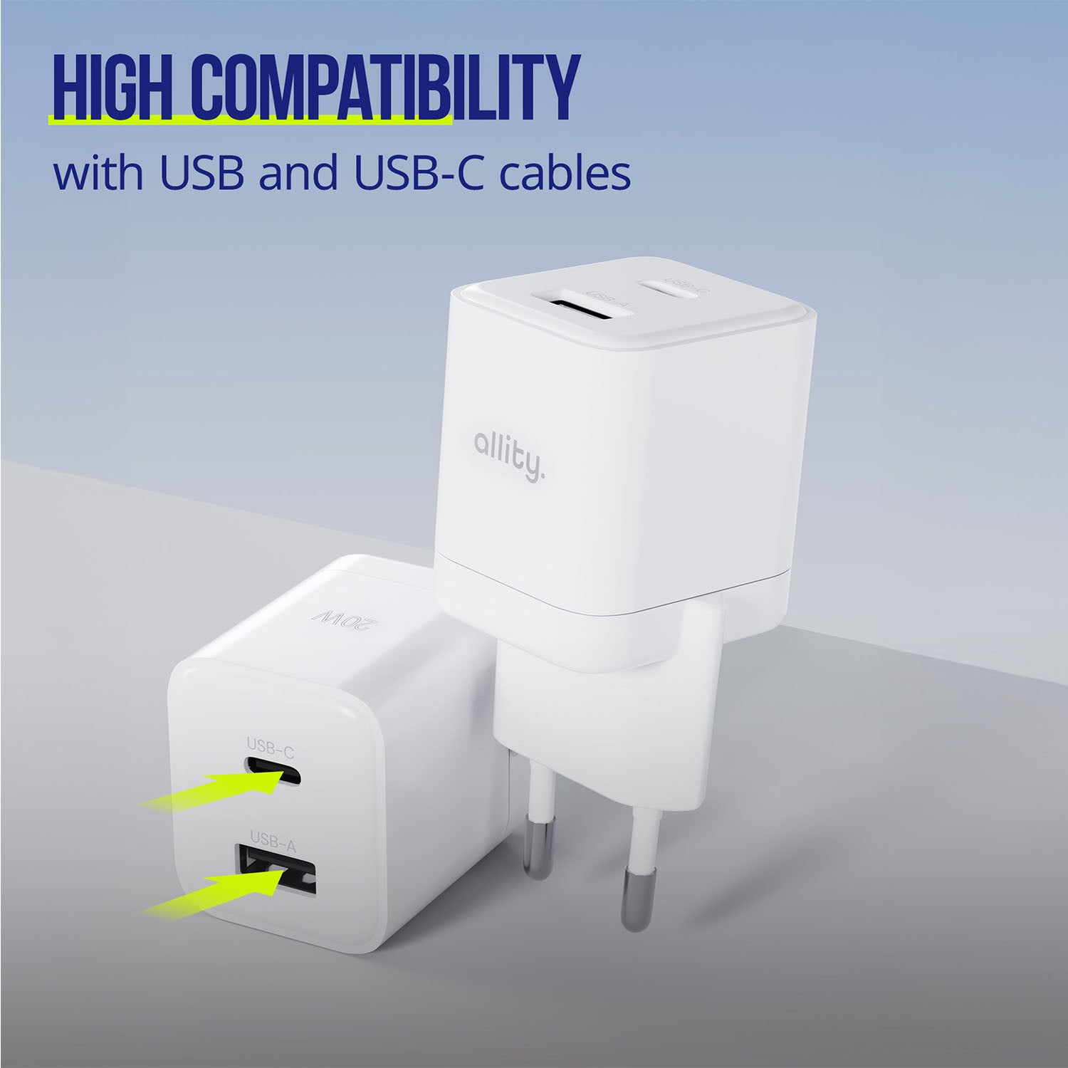 Φορτιστής τοίχου Allity GaN PD QC ATC-01-20WAC 1x USB-c 1x USB-a 20W λευκός