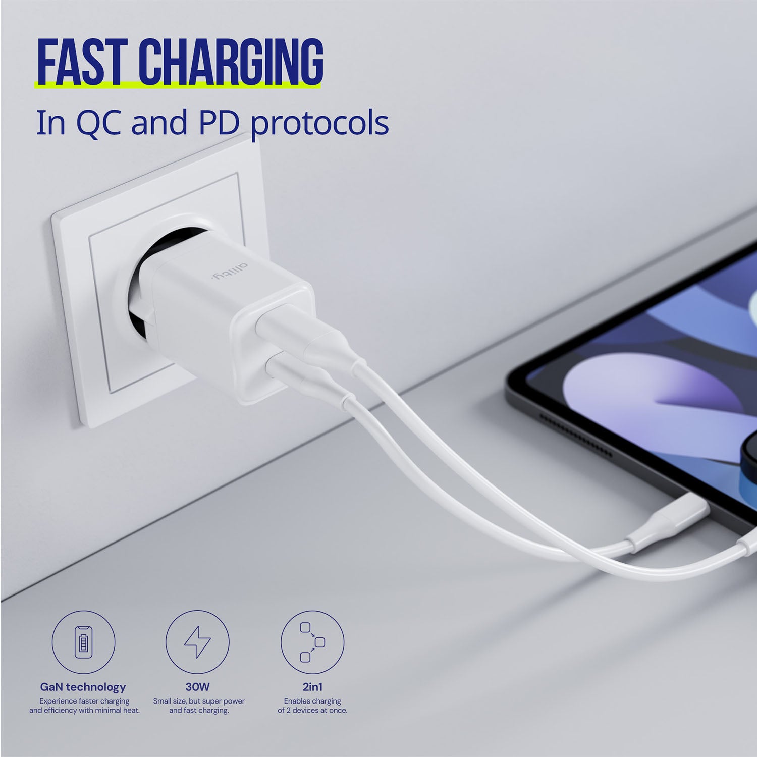 Φορτιστής τοίχου Allity GaN PD QC ATC-01-30WAC 1x USB-c 1x USB-a 30W λευκός