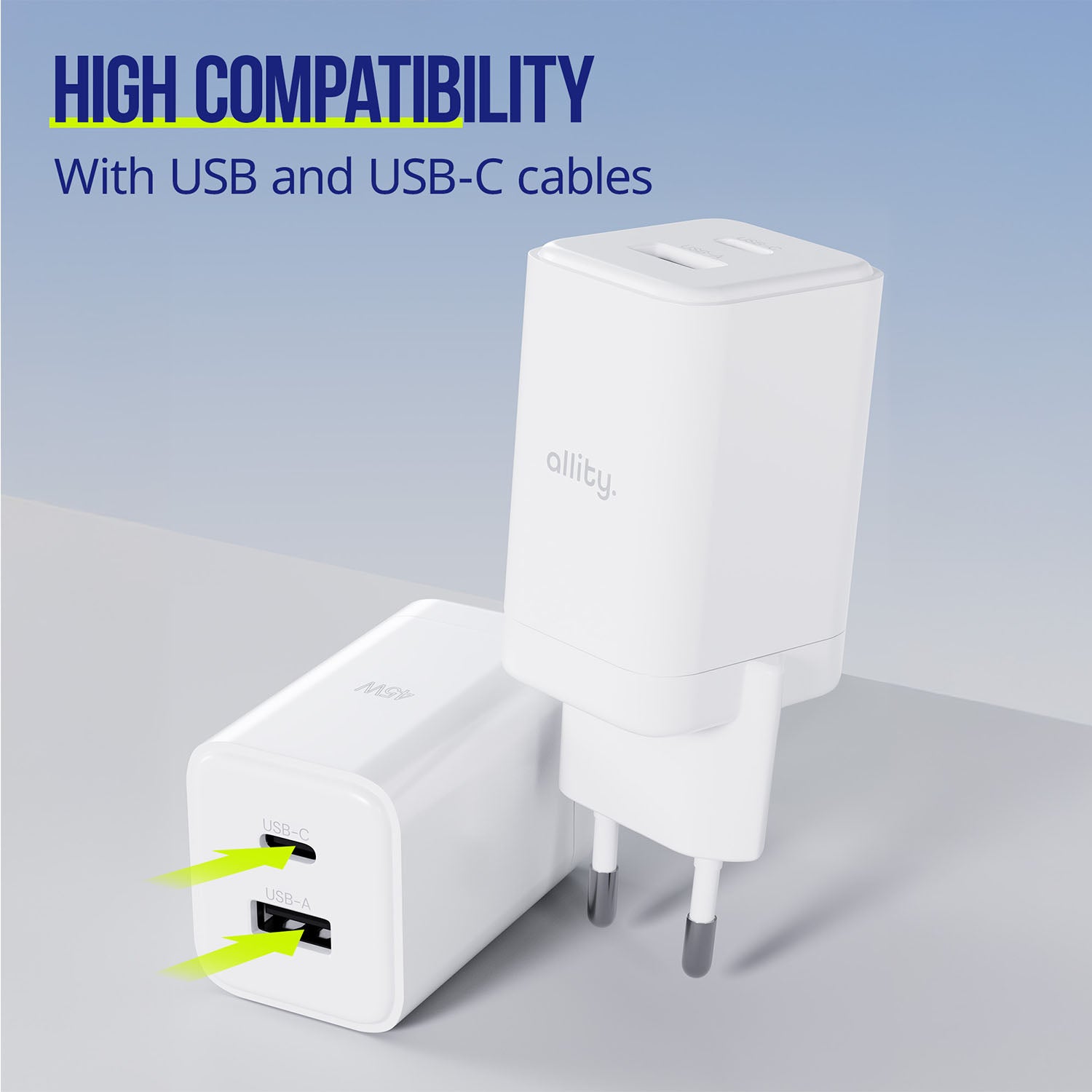 Φορτιστής τοίχου Allity GaN PD QC ATC-01-45WAC 1x USB-c 1x USB-a 45W λευκός