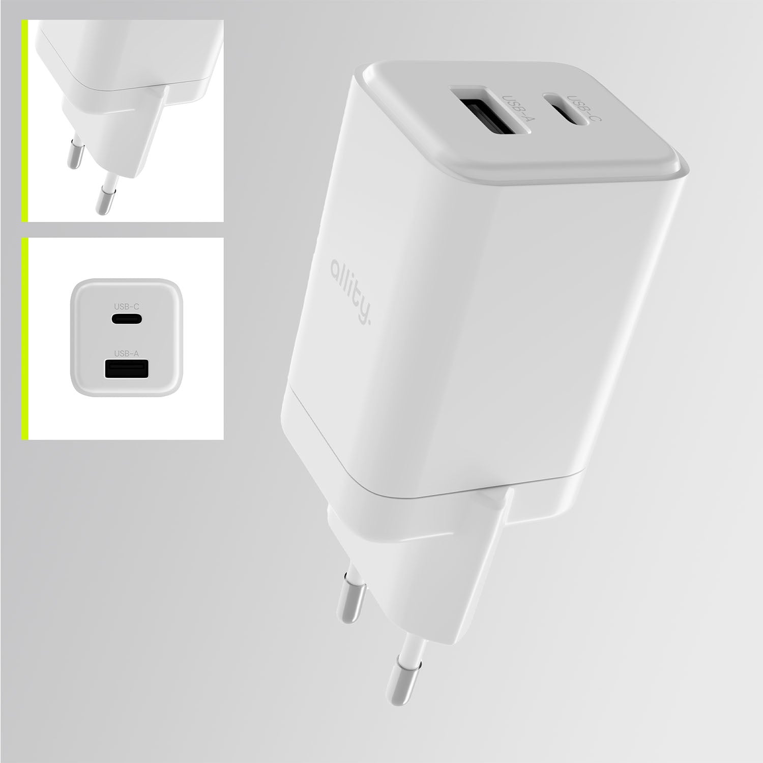Φορτιστής τοίχου Allity GaN PD QC ATC-01-45WAC 1x USB-c 1x USB-a 45W λευκός