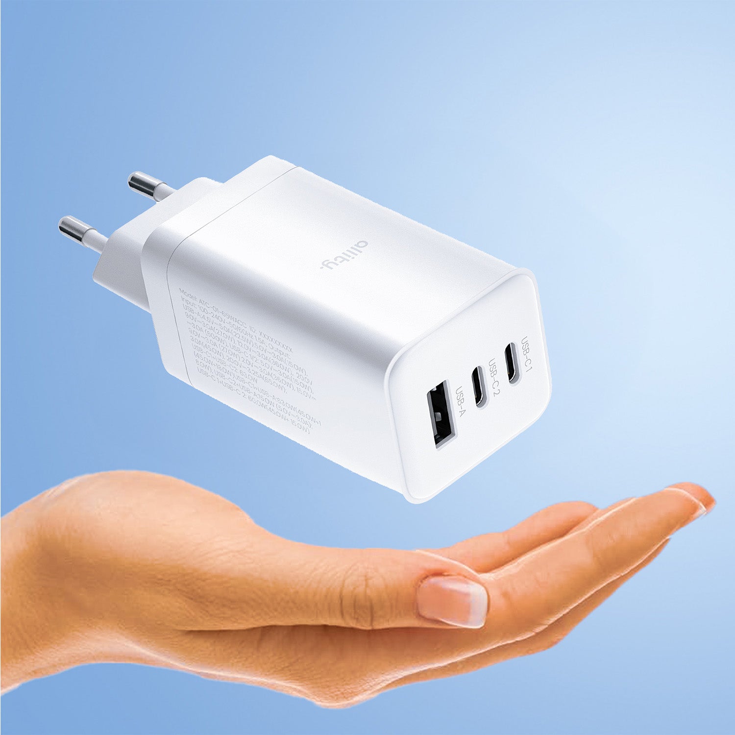 Φορτιστής τοίχου Allity GaN PD QC ATC-01-65WACC 2x USB-c 1x USB-a 65W λευκός