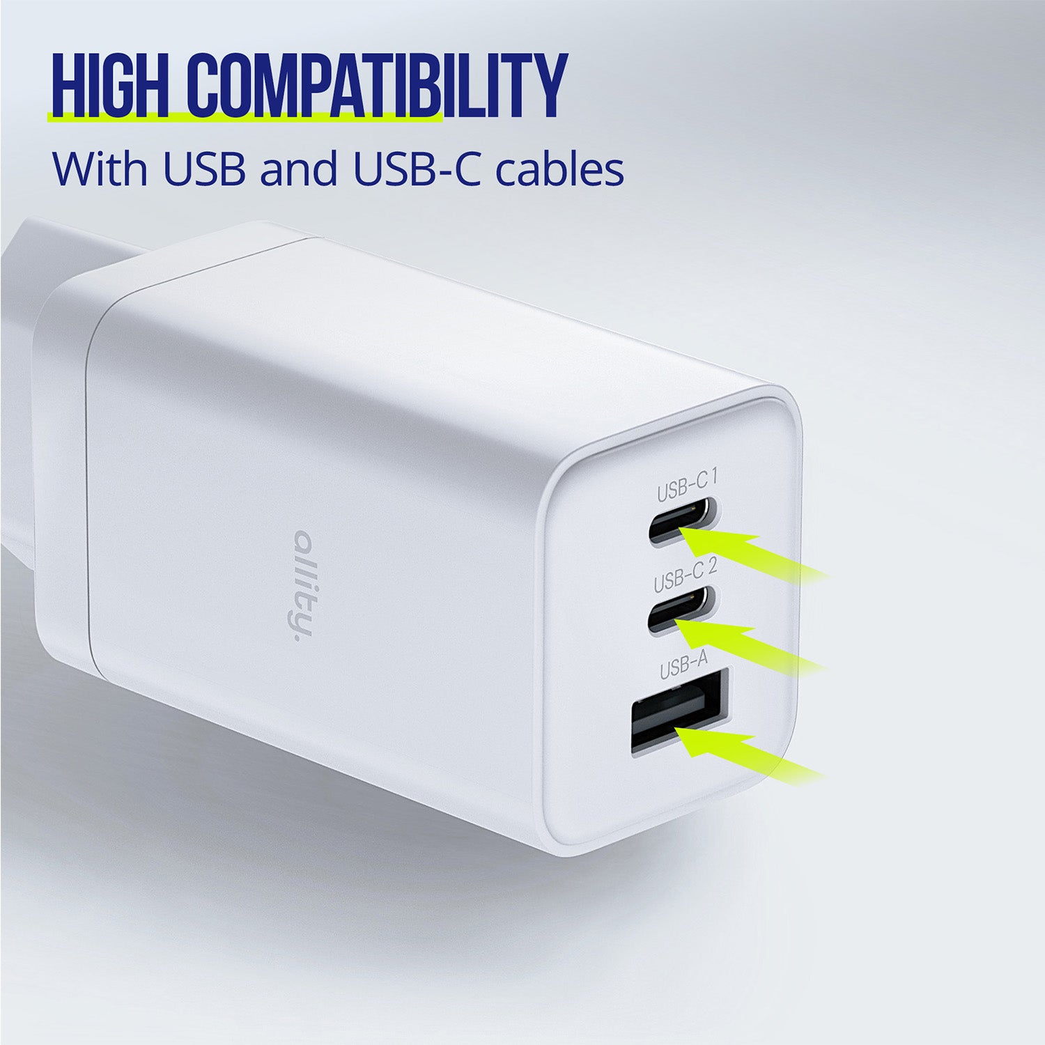 Φορτιστής τοίχου Allity GaN PD QC ATC-01-65WACC 2x USB-c 1x USB-a 65W λευκός