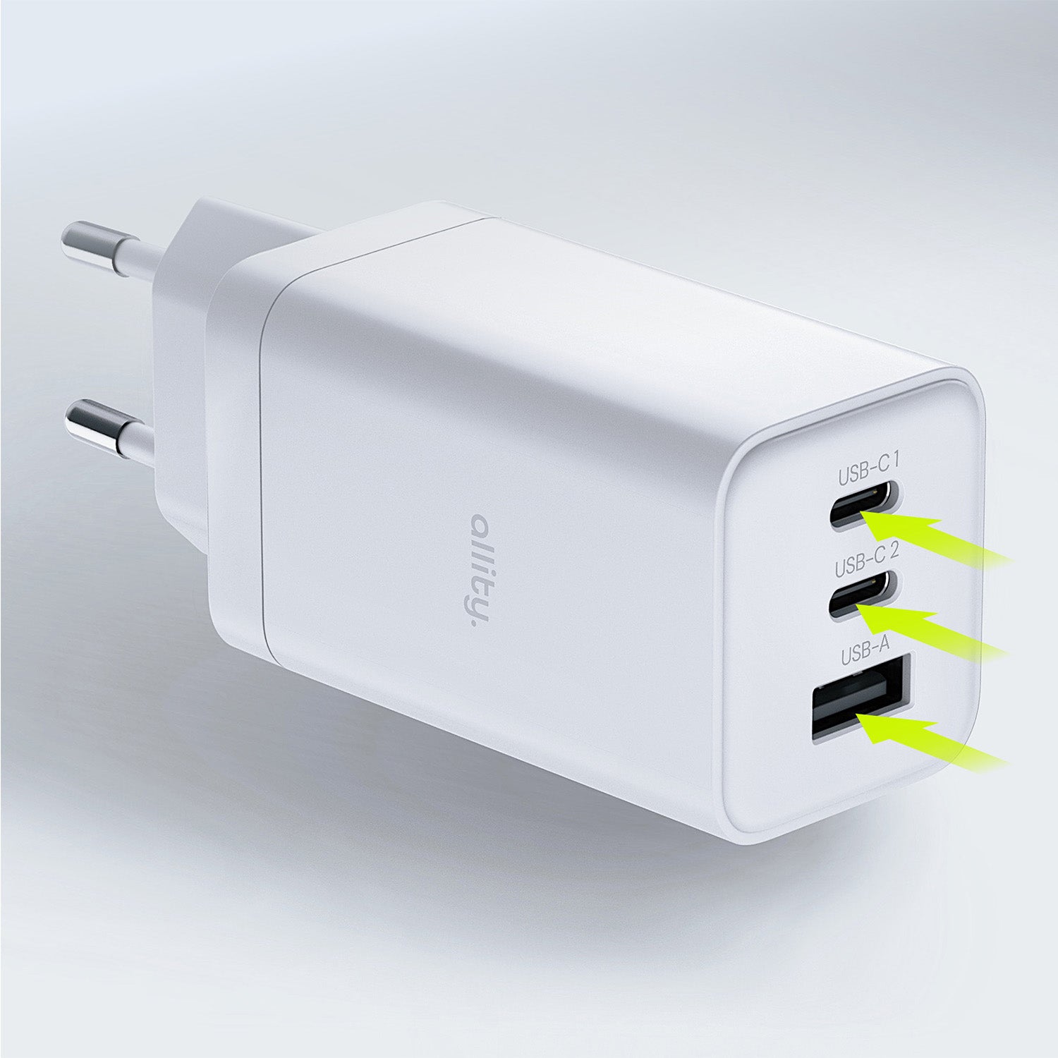 Φορτιστής τοίχου Allity GaN PD QC ATC-01-65WACC 2x USB-c 1x USB-a 65W λευκός