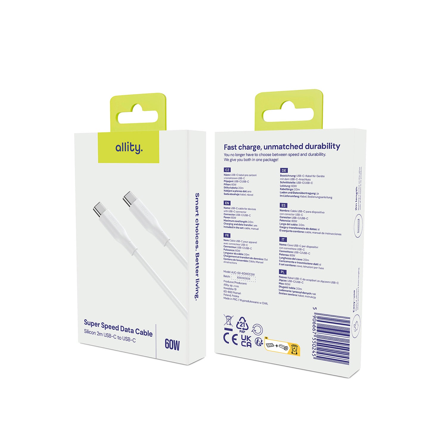 Καλώδιο Allity AUC-02 USB-c - USB-c 2,0 m 60W λευκό