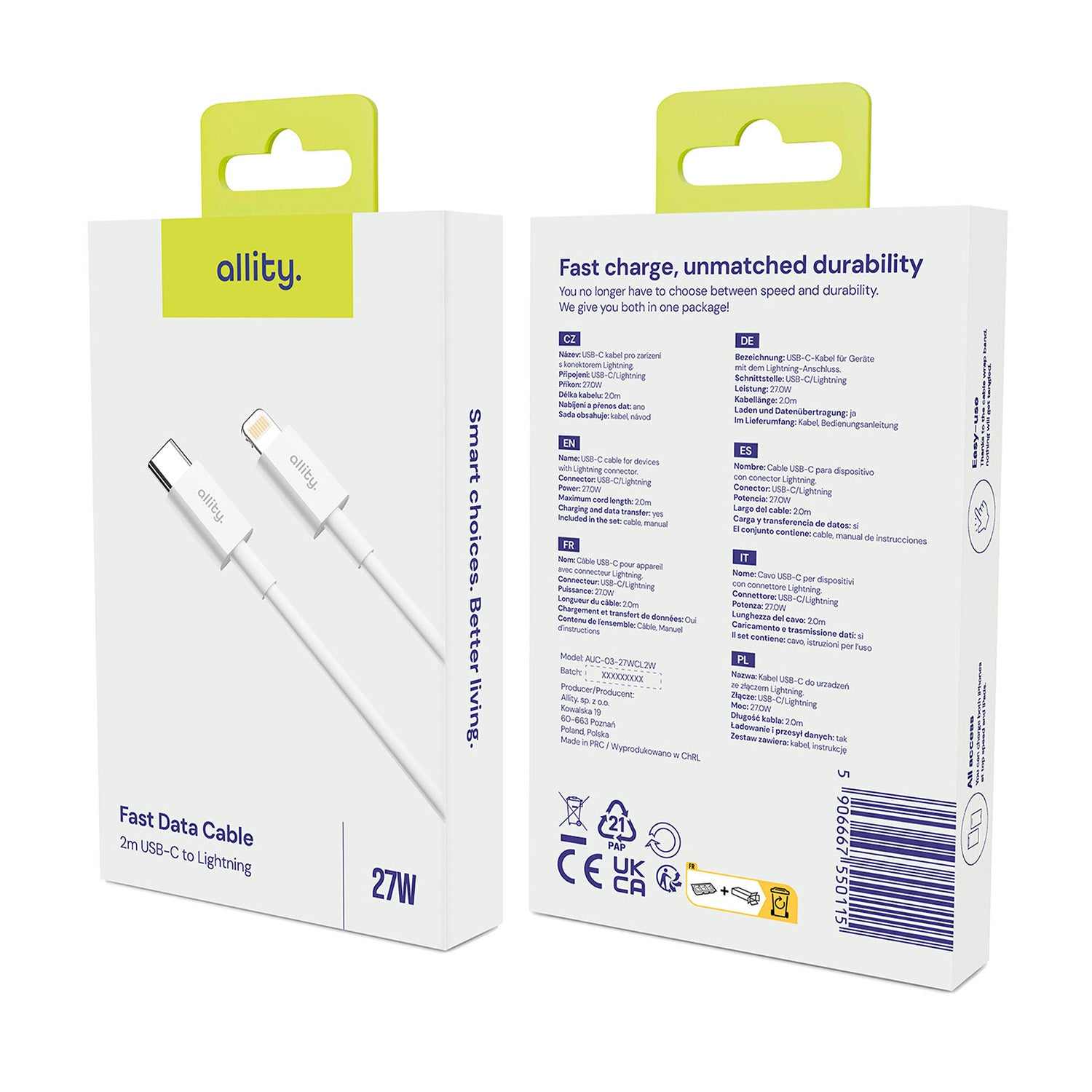Καλώδιο Allity AUC-03 USB-C - lightning 2,0 m 27W λευκό