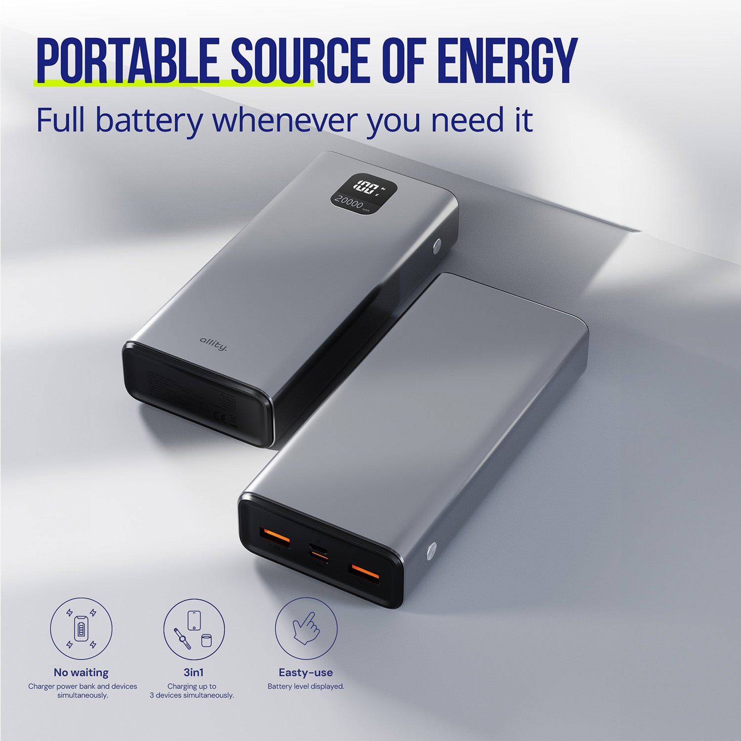Power bank Allity APB-100 PD QC 22,5W 20.000 mAh γκρι