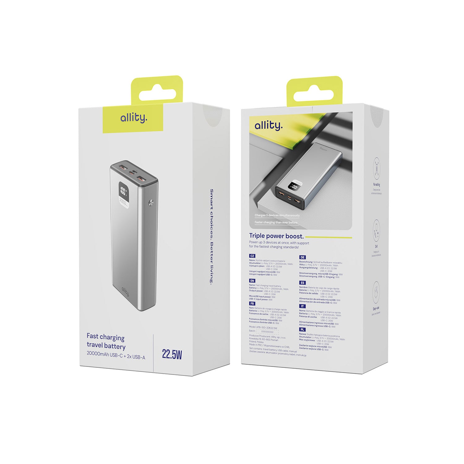 Power bank Allity APB-100 PD QC 22,5W 20.000 mAh γκρι