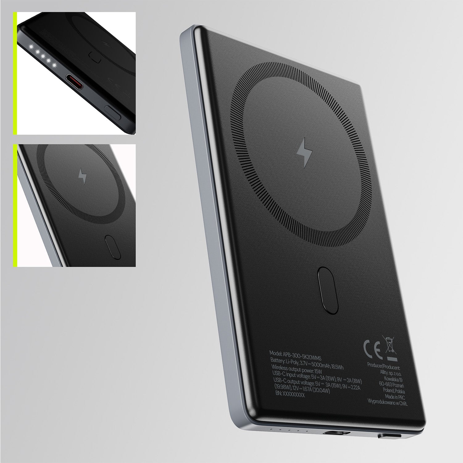 Allity ασύρματο power bank APB-300 PD QC 20W 5000 mAh μαγνητικό γκρι