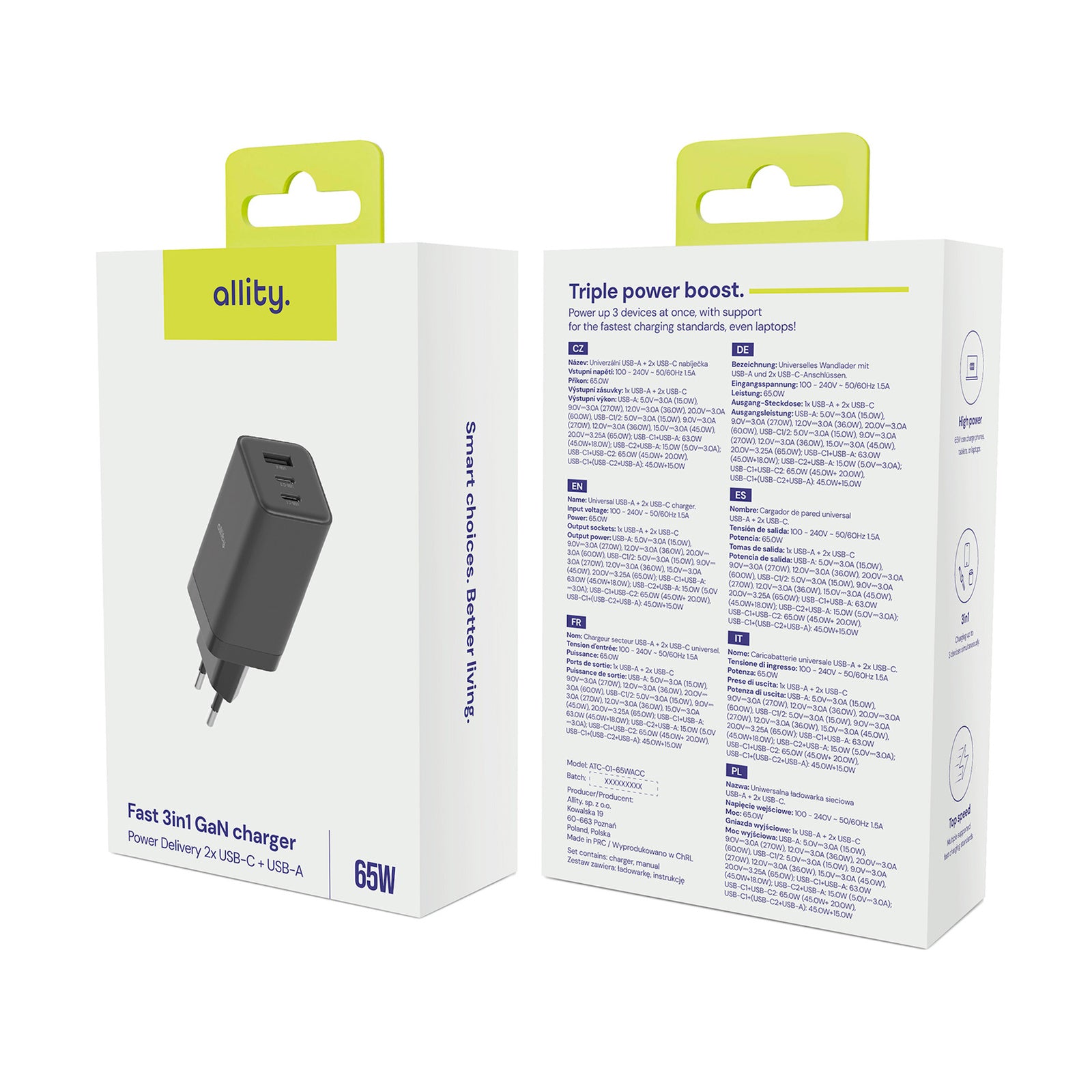 Φορτιστής τοίχου Allity GaN PD QC ATC-01-65WACC 2x USB-c 1x USB-a 65W μαύρος