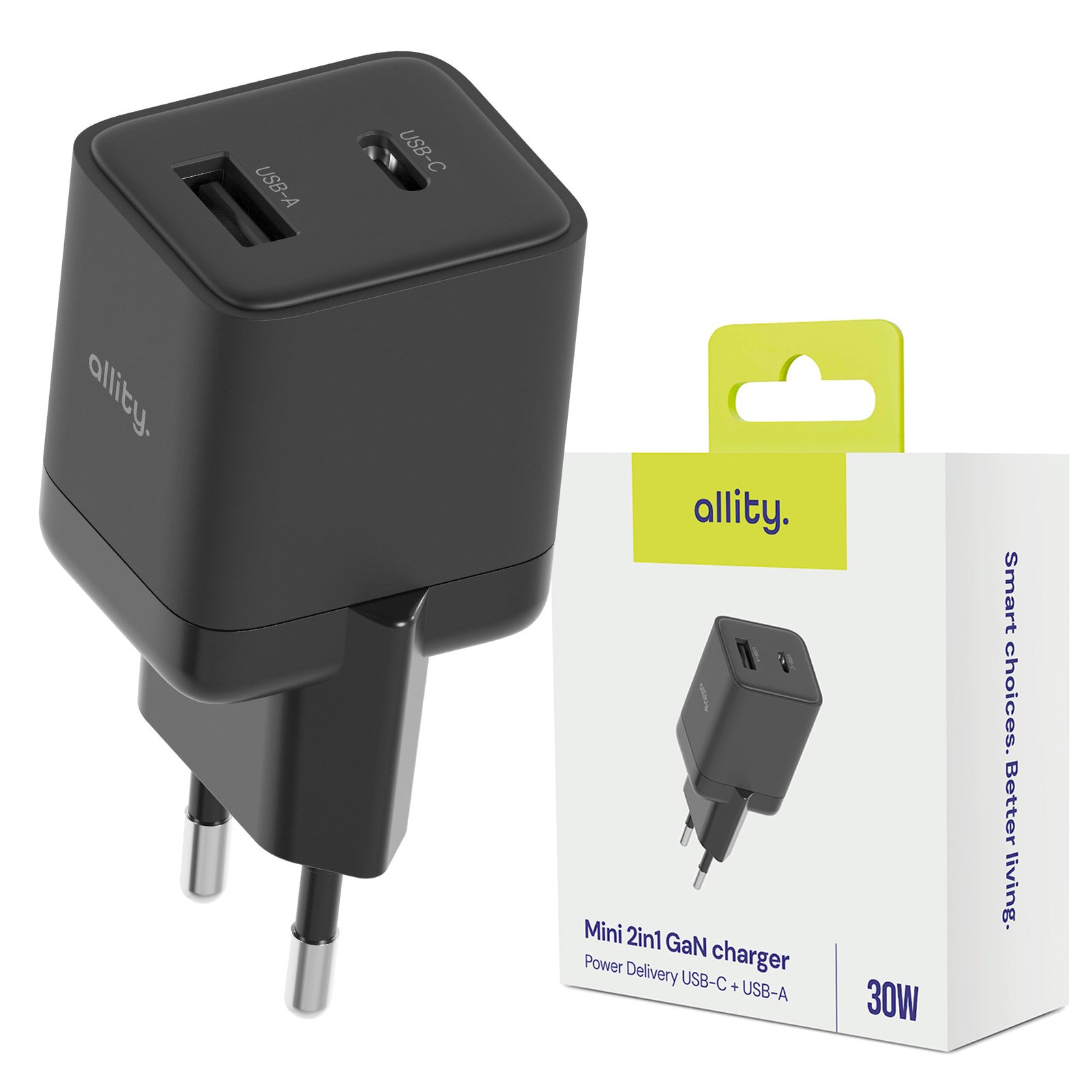 Φορτιστής τοίχου Allity GaN PD QC ATC-01-30WAC 1x USB-c 1x USB-a 30W μαύρος