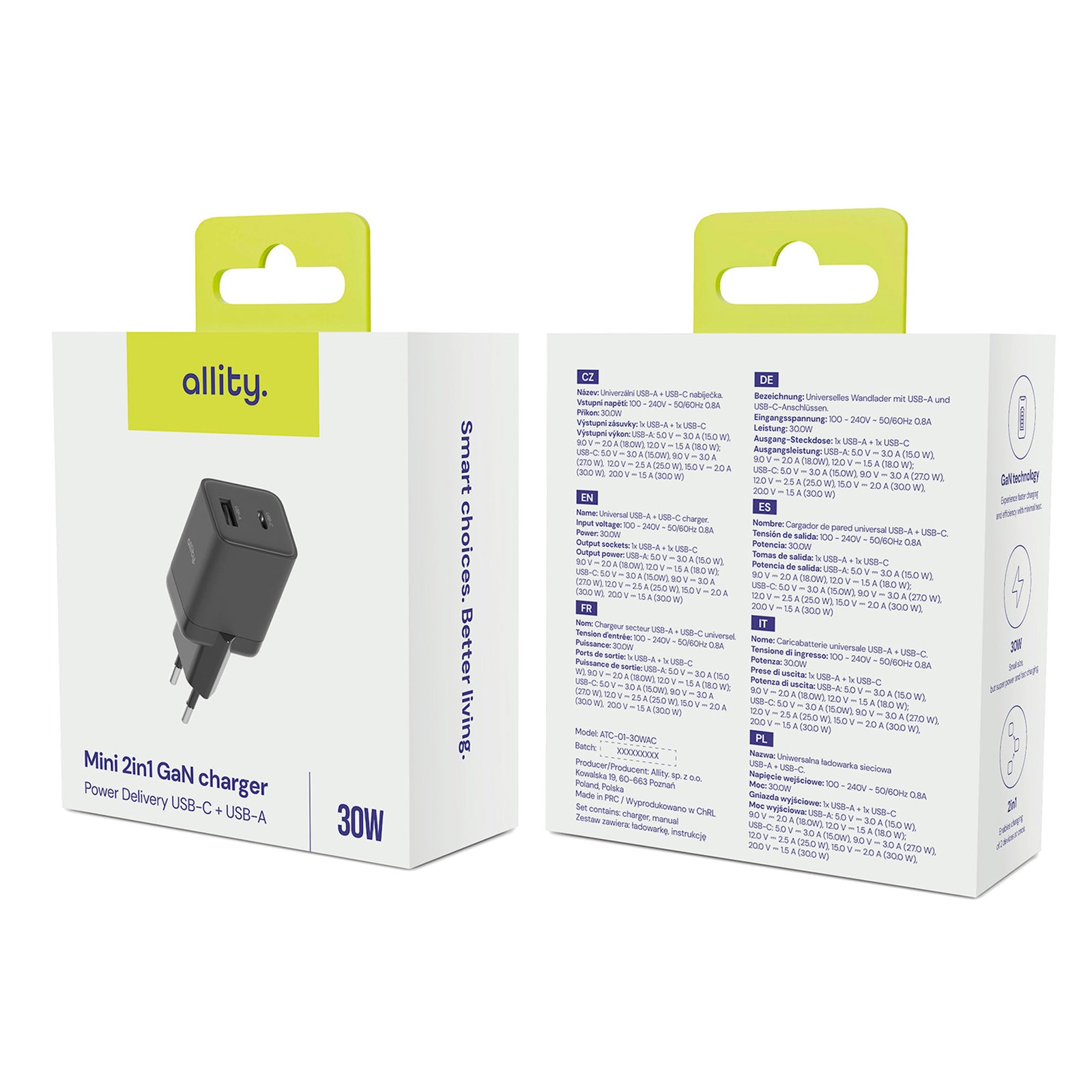 Φορτιστής τοίχου Allity GaN PD QC ATC-01-30WAC 1x USB-c 1x USB-a 30W μαύρος
