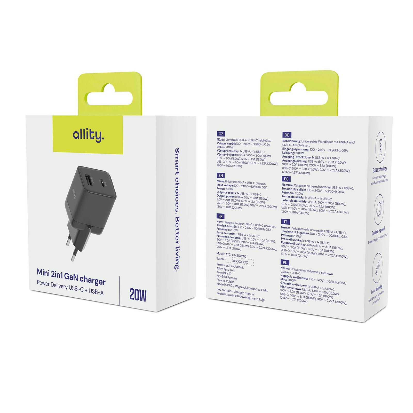 Φορτιστής τοίχου Allity GaN PD QC ATC-01-20WAC 1x USB-c 1x USB-a 20W μαύρος
