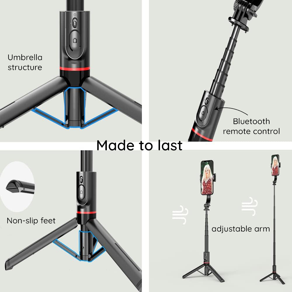 Techsuit - Selfie Stick (L12) - Stable Aluminum Tripod Foldable and Portable with Wireless Remote Control, 106cm - Black