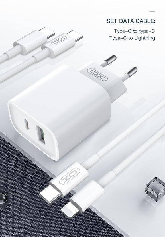 XO CE02A Φορτιστής Τοίχου 20W με Power Delivery & Quick Charge 3.0 – 2 Θύρες (USB-A & USB-C) + Καλώδιο USB-C σε USB-C