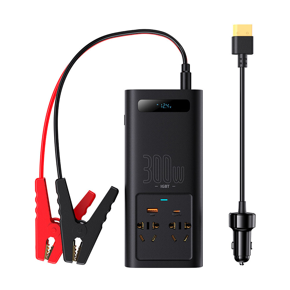 Baseus - In-Car Inverter IGBT (CGNB010101) - USB, Type-C, CN/EU Plug, 220V, 300W, with Car Clamps and 12V Cable - Black