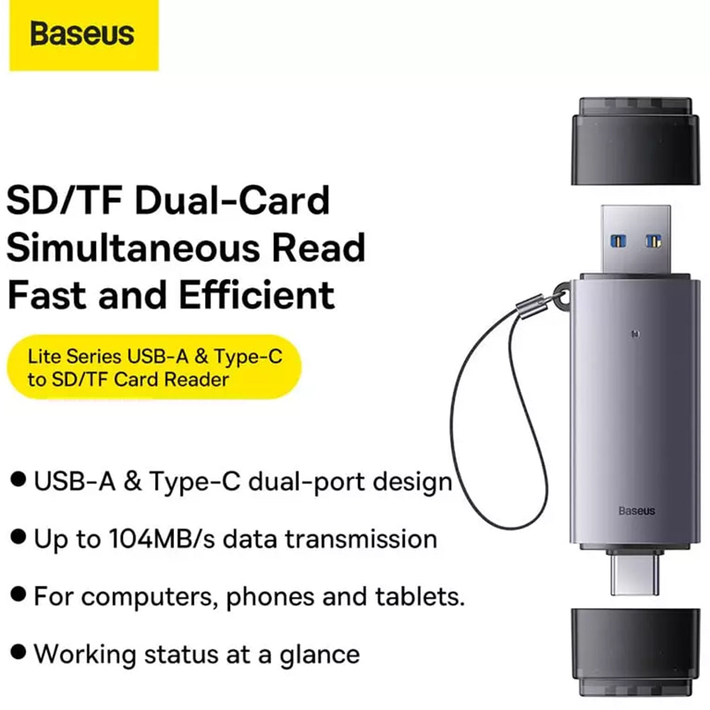 Baseus - Card Reader Lite Series (WKQX060113) - USB, Type-C 3.0 to MicroSD, SD Card - Gray