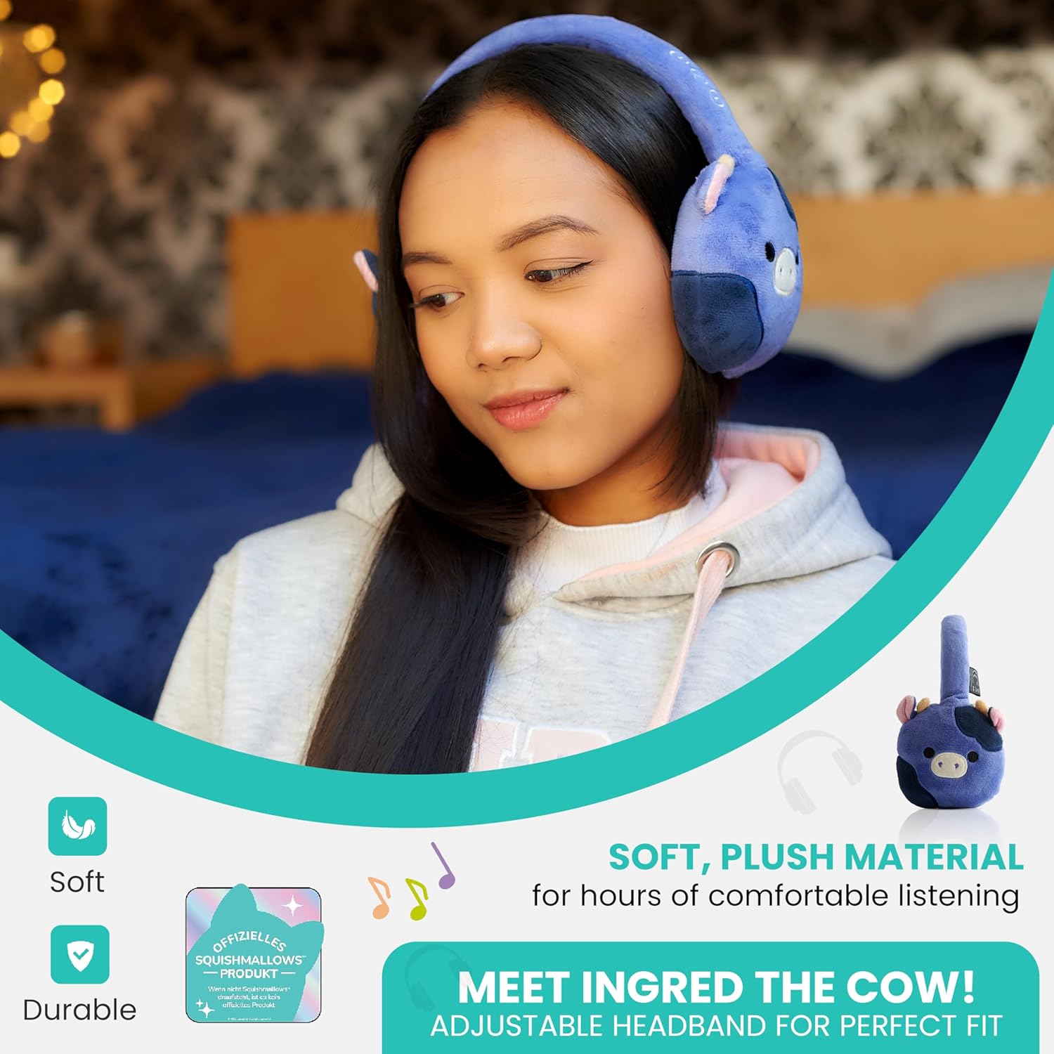 Lazerbuilt Squishmallows Ingred The Cow – Λούτρινα Ασύρματα Παιδικά Ακουστικά με Μικρόφωνο