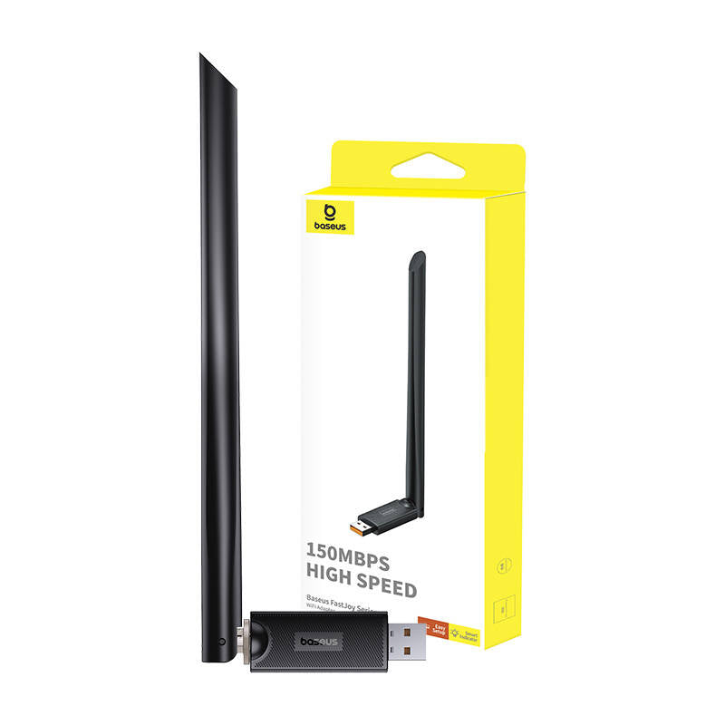 Baseus - Adapter Wi-Fi with Antenna FastJoy (B01317600111-00) - USB 2.0, 150Mbps, Windows/Linux - Black