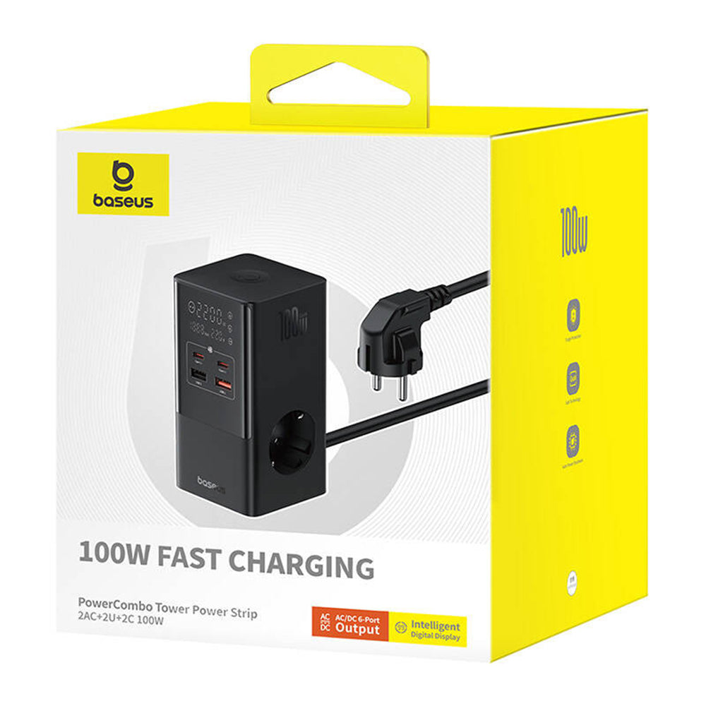Baseus - Charging Station (E00023609113-00) - 2xUSB, 2xType-C, Shuko, LED Display, Fast Charging 100W, 1.5m - Black