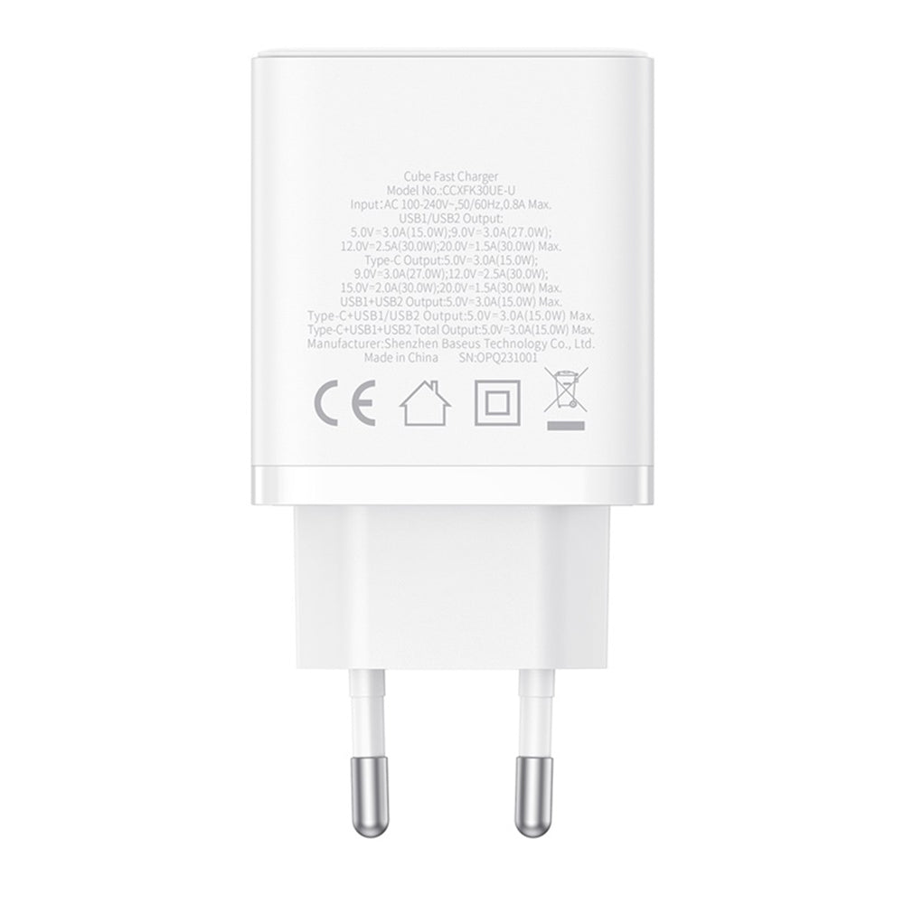 Baseus - Wall Charger (P10111402213-00) - GaN, 2x USB, Type-C, Fast Charging, 30W - White
