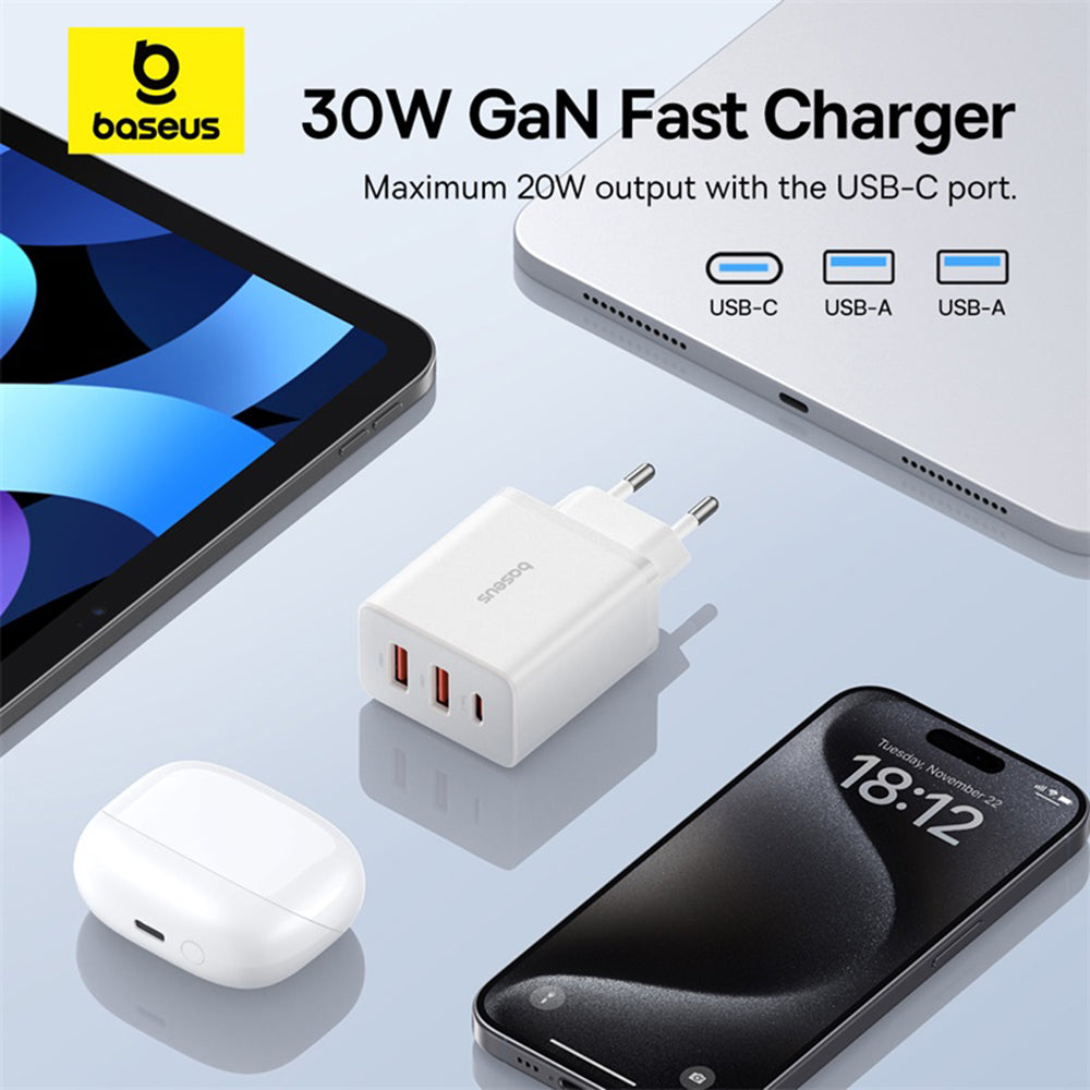 Baseus - Wall Charger (P10111402213-00) - GaN, 2x USB, Type-C, Fast Charging, 30W - White