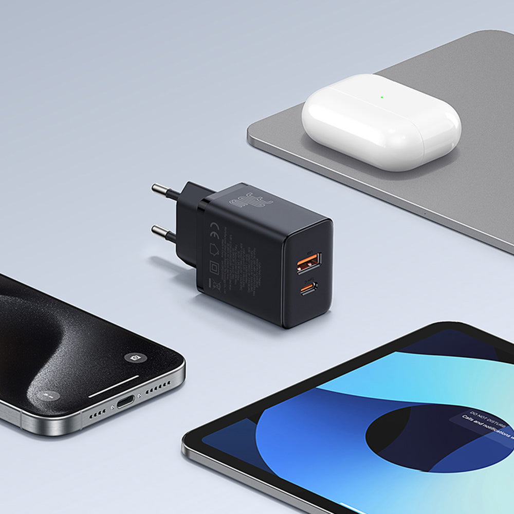 Baseus - Wall Charger (P10111404113-00) - USB, Type-C, Fast Charge 30W - Cluster Black