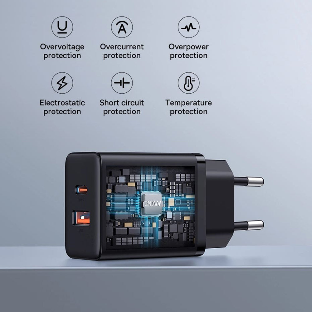 Baseus - Wall Charger (P10111403113-00) - USB, Type-C, Fast Charge 20W - Cluster Black