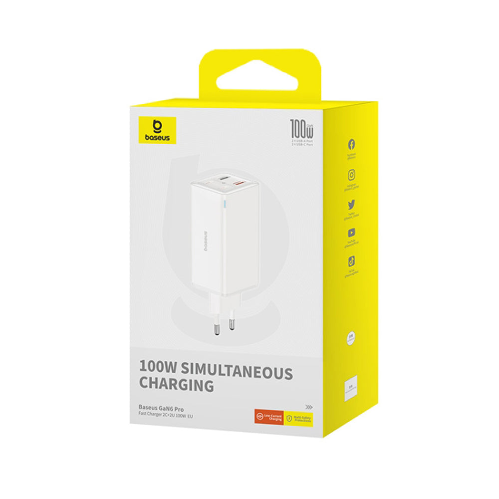 Baseus - Wall Charger GaN6 Pro (P10162705212-00) - Type-C Cable Included, 2x USB, 2x Type-C, 100W, 100W, 20V, 5A, 1m - White