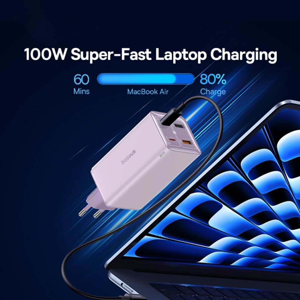 Baseus - Wall Charger GaN6 Pro (P10162705532-00) - Type-C Cable Included, 2x USB, 2x Type-C, 100W, 100W, 20V, 5A, 1m - Purple