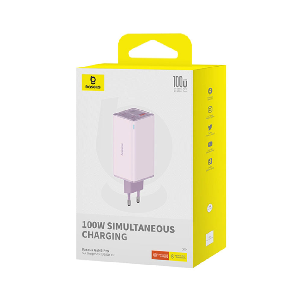 Baseus - Wall Charger GaN6 Pro (P10162705532-00) - Type-C Cable Included, 2x USB, 2x Type-C, 100W, 100W, 20V, 5A, 1m - Purple